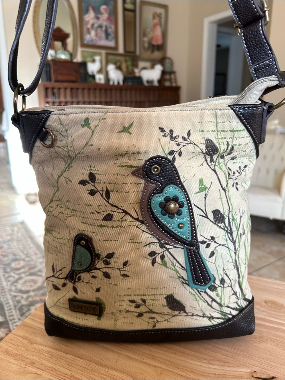 Chala Crossbody Bag with Teal Bird Appliqué on Cream Canvas